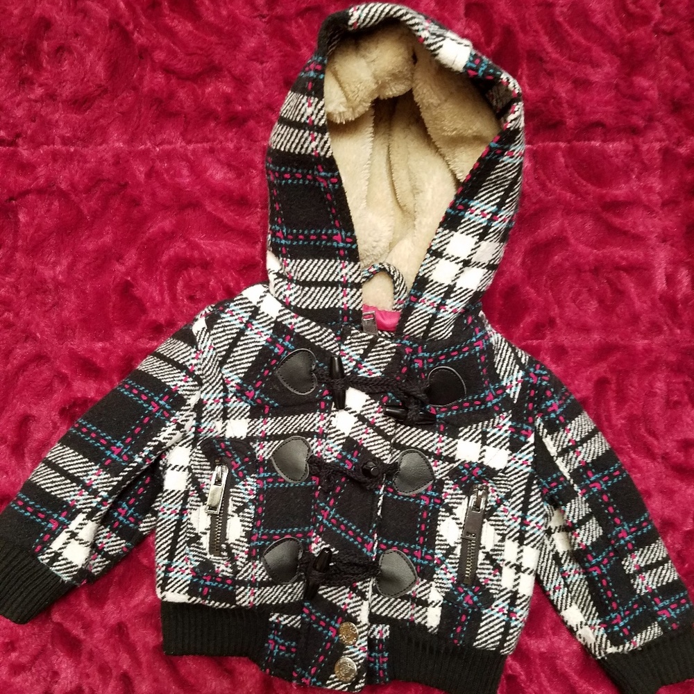 DOLLHOUSE GIRLS 12M PLAID HOODED COAT - Picture 2 of 8